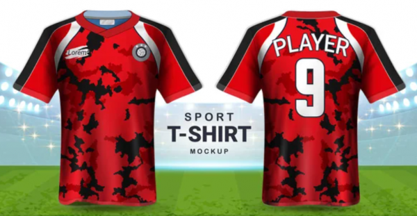 Desain baju futsal dengan ilustrasi bola sepak